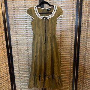 Cider Midi Dress Womens XXS Olive Green Cottagecore Lace Trim Ruffle Puff Sleeve